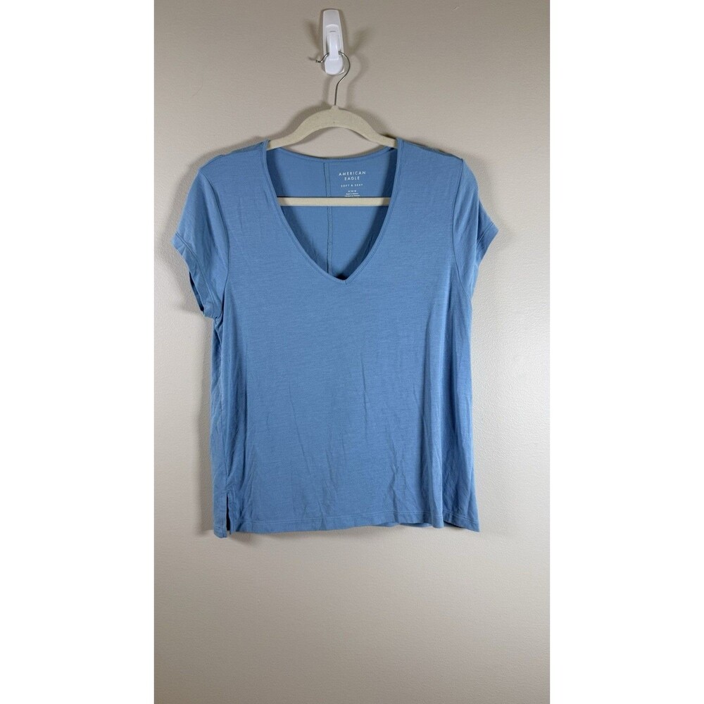 American Eagle Soft & Sexy Womens Blue V-Neck Short Sleeve Knit T-Shirt - M
